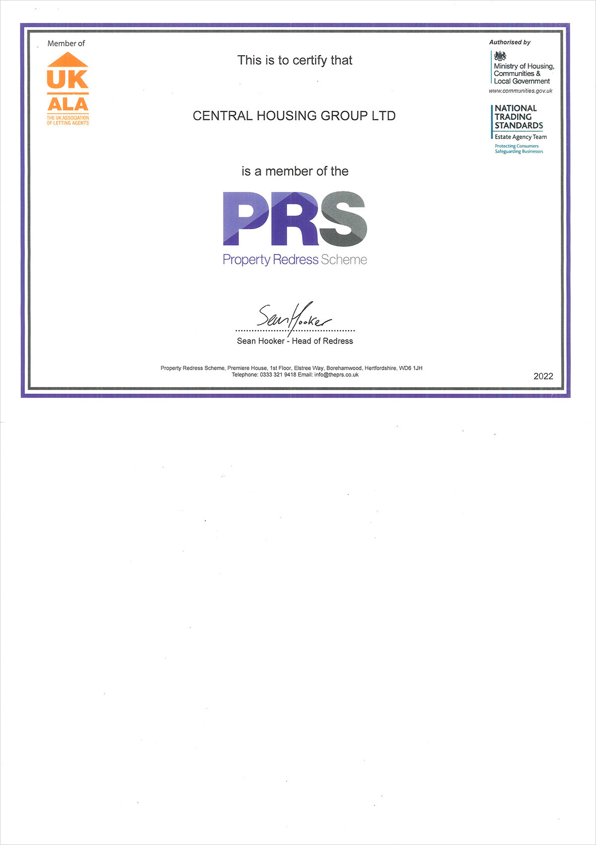 PRS Accreditation Certificate CHG