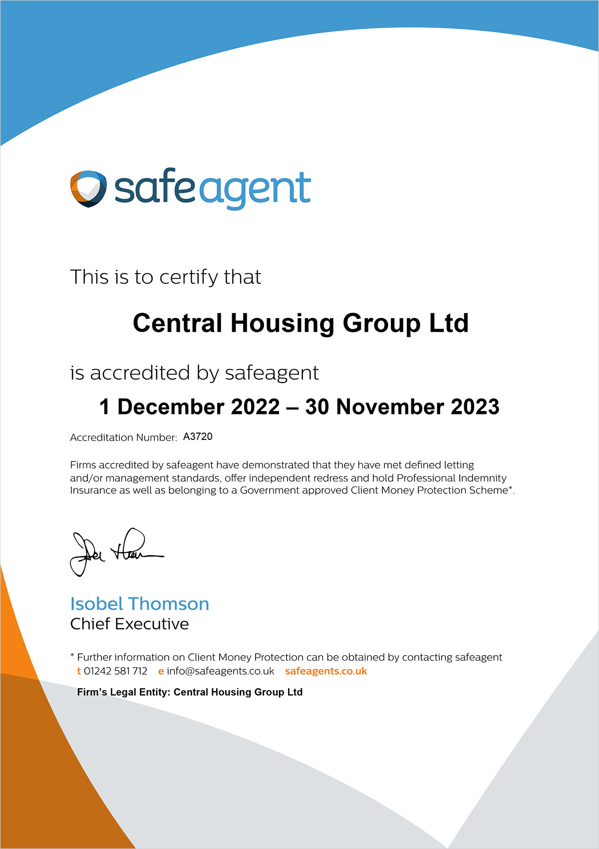 Safe Agent Accreditation Certificate CHG